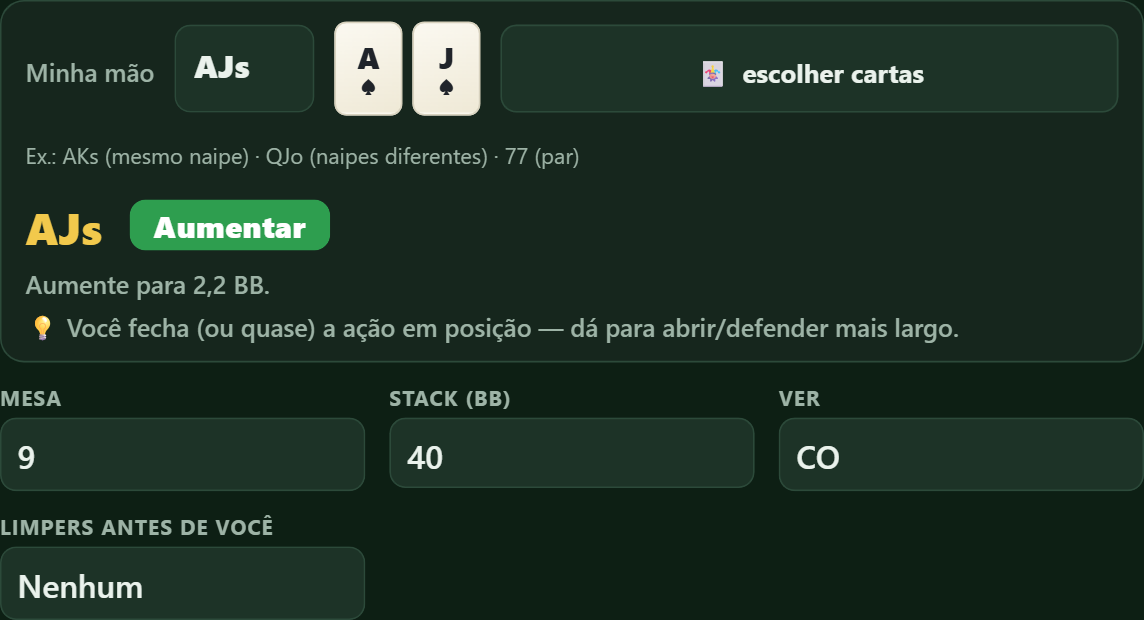 Consulta do Pokwise: mão AJs digitada e resposta Aumentar para 2,2 BB com explicação